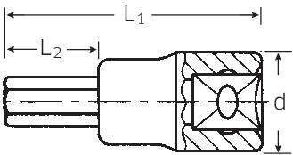 Technische Zeichnung eines Werkzeugaufsatzes mit den Längen L1 und L2 sowie Durchmesser d, zeigt Maßangaben und Formdetails.