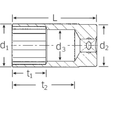 Technische Zeichnung eines Bauteils mit den Durchmessern d1, d2, d3 und Längen t1, t2. Pfeile markieren Maße und Längen.