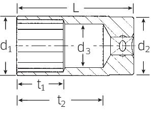 Technische Zeichnung einer zylindrischen Hülse mit Maßen: Außen- und Innendurchmesser (d1, d2, d3) sowie Längen (L, t1, t2).