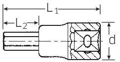 Technische Zeichnung einer Welle mit Längenangaben 'L1', 'L2' und Durchmesser 'd'. Zeigt maßgebliche Details und Proportionen.