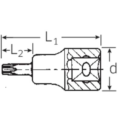 Eine technische Zeichnung eines Werkzeugs mit Maßen 'L1', 'L2' und 'd' in Millimetern. Zeigt ein zylindrisches Teil mit geriffeltem Griff.