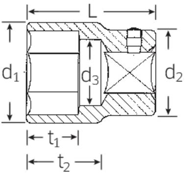 Technische Zeichnung eines mechanischen Teils mit Bemaßungen: d1, d2, d3, t1, t2, und L. Zeigt Innen- und Außendurchmesser sowie Wandstärken.