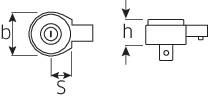 Technische Zeichnung: Seiten- und Oberansicht eines zylindrischen Bauteils mit Markierungen für Höhe (H), Breite (B) und Abstand (S).