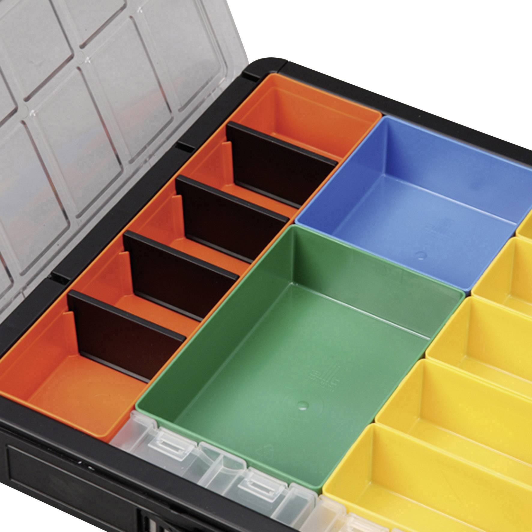 Aufbewahrungsbox mit mehreren bunten Fächern, darunter kleine und große, für die Organisation von Werkzeugen oder Zubehör.