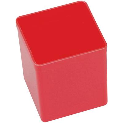 Roter, quadratischer Kunststoffwürfel auf weißem Hintergrund.