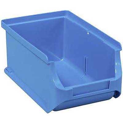 Blaue Kunststoffbox, rechteckig mit offenem Zugang an einer Seite, für Lagerung oder Organisation.