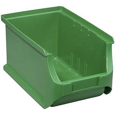 Grüne Stapelbox aus Kunststoff mit offenem Vorderteil zur einfachen Zugänglichkeit und Aufbewahrung von Gegenständen.