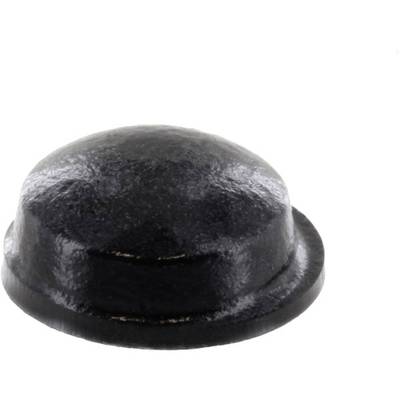 Ein glänzender, runder schwarzer Metallknopf mit glatter Oberfläche, leicht nach oben gewölbt.