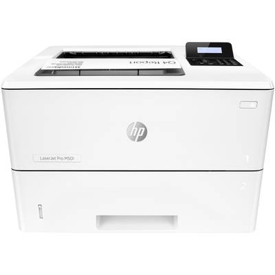 Ein weißer Drucker mit digitalem Display oben rechts, Markenlogo in der Mitte. Modellname: LaserJet Pro M501.