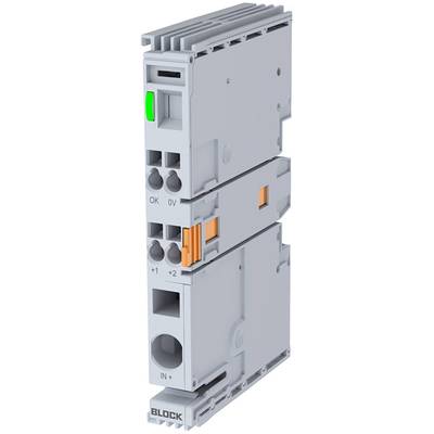 Ein graues elektrisches Modul mit einem grünen Licht an der Oberseite, das die Betriebsbereitschaft anzeigt.