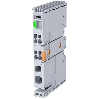 Ein graues elektrisches Modul mit orangefarbenen und grünen Details, vertikal ausgerichtet, mit mehreren Anschlüssen auf der Vorderseite.