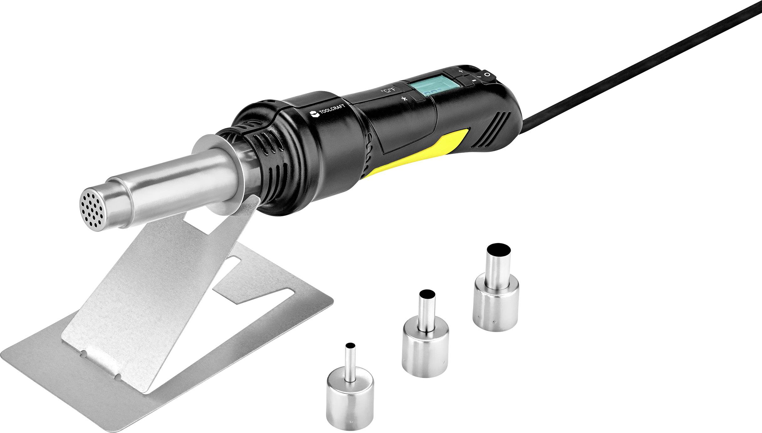 Heißluftgebläse auf Ständer mit drei auswechselbaren Düsen; geeignet für Schrumpfen, Schweißen oder Entfernen von Farbe.