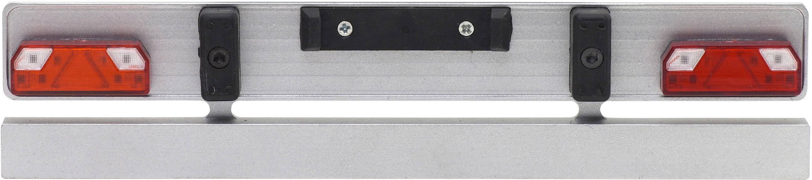 Rückleuchtenträger mit zwei roten Rücklichtern, montiert auf einem grauen Metallrahmen. Ideal für Anhänger oder Fahrzeuge.