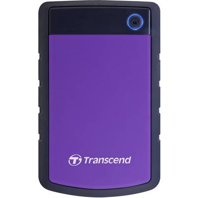 Lila externe Festplatte von Transcend mit schwarzem Rand, erkennbares Logo unten.
