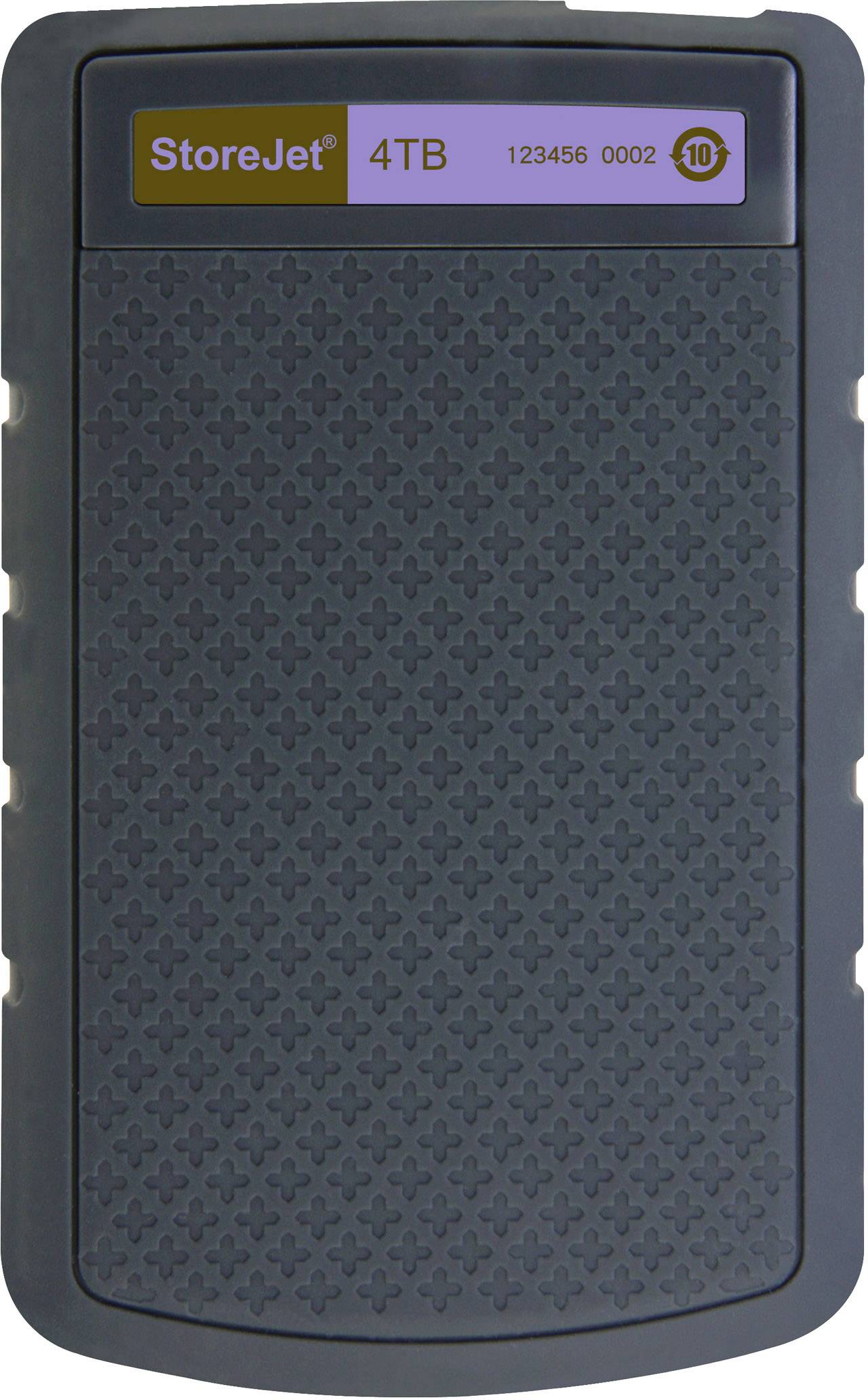 Externe Festplatte mit 4 TB Kapazität, graues Gehäuse, Modellnummer auf Etikett. Ideal zur Datenspeicherung und -sicherung.