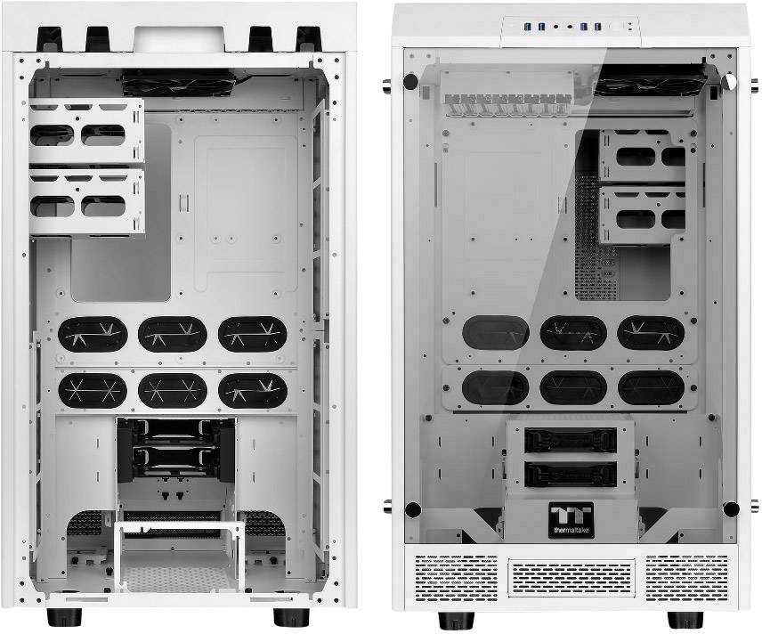 Ein großer, leerer PC-Tower mit transparentem Seitenteil, mehreren Laufwerksschächten und Lüfteröffnungen. Ideal für individuelle PC-Zusammenstellungen.