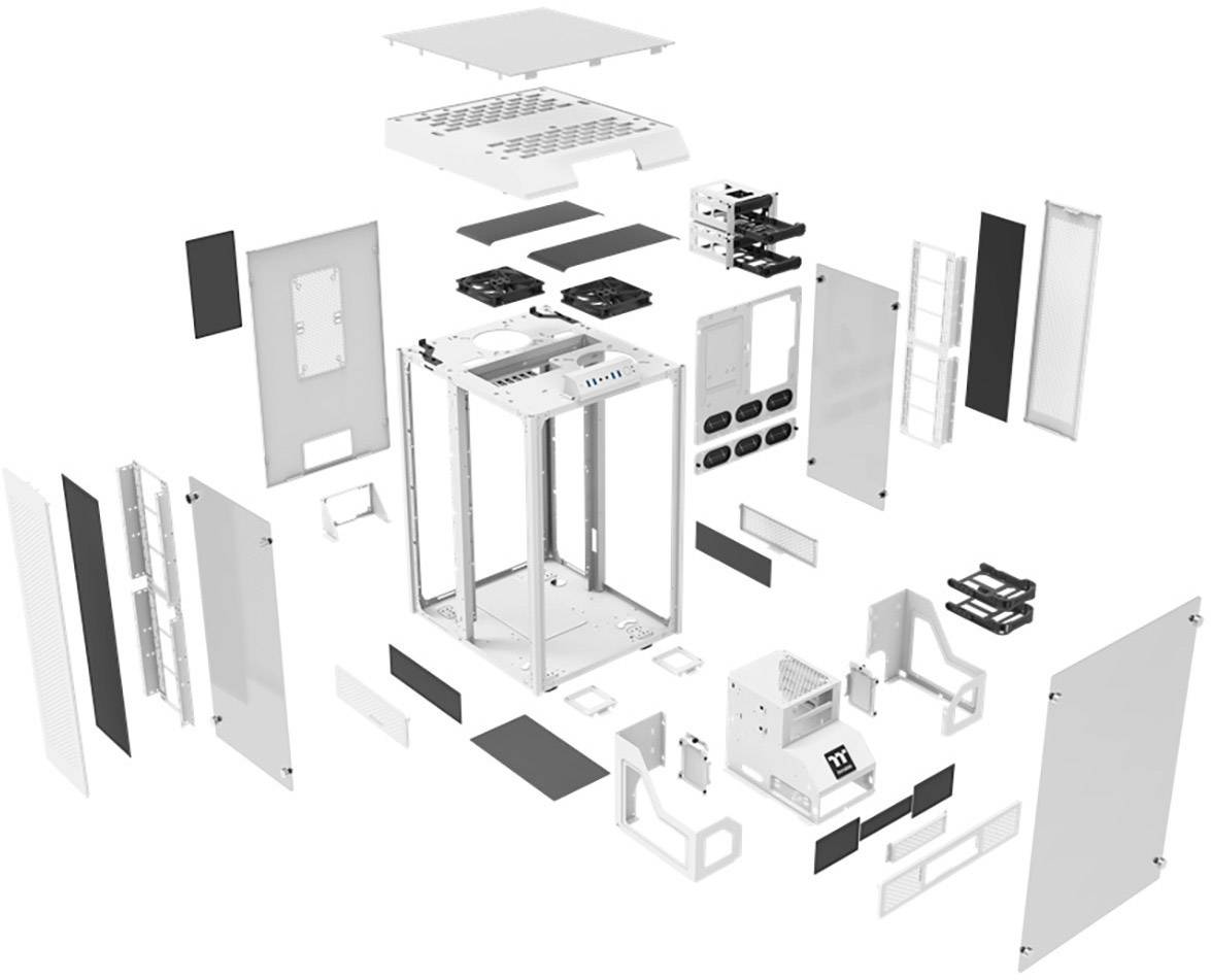 Explodierte Ansicht eines Computergehäuses mit einzelnen Komponenten, darunter Lüfter, Platten und Befestigungen, die detailliert angezeigt werden.