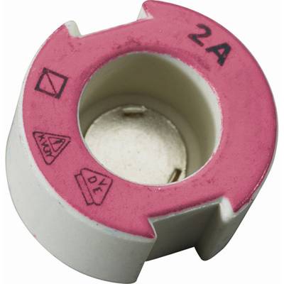 'Keramiksicherung mit rosa Oberteil und Beschriftung 2A, Spannungssymbolen, doppelt verstärkte Angaben und dem Text 500V.'