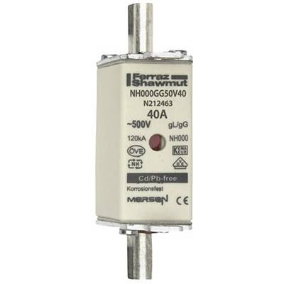 Sicherung von Mersen, Typ NH000GG50V40, 40A, 500V. Hauptmerkmale: gL/gG, Cd/Pb-frei, korrosionsfest, ÖVE und CE-zertifiziert.
