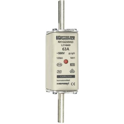 Abbildung eines zylindrischen Sicherungselements beschriftet mit '63A, ~500V'. Gehäuse aus beigem Material, Metallkontakte oben und unten.