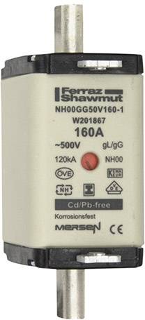 Sicherungseinsatz mit der Aufschrift 'Ferraz Shawmut'. Technische Details: 160A, 500V, NH00, Cd/Pb-frei, Korrosionsfest, CE-zertifiziert.