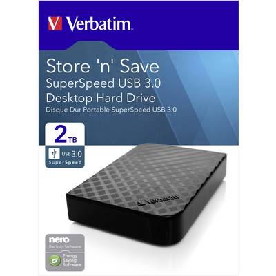 Externe Festplatte 'Verbatim Store 'n' Save', USB 3.0, 2 TB. Verpackung zeigt Produktbild und Highlights wie Energiesparsoftware.
