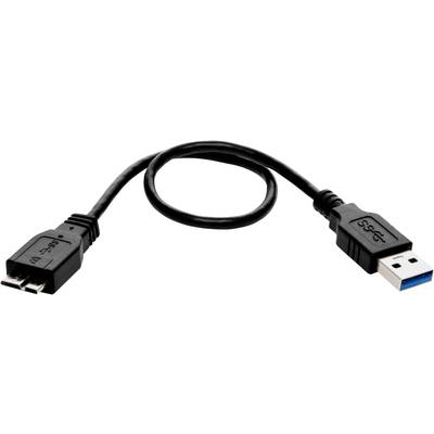 Ein schwarzes USB-3.0-Kabel mit blauen Steckerseiten. Es hat einen Typ-A-Stecker und einen Typ-B-Stecker, geeignet für Datenübertragungen.