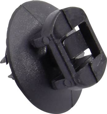 Ein schwarzer Kunststoffclip mit einem runden Kopf und rechteckiger Befestigung, wird in der Automobilindustrie zur Befestigung eingesetzt.