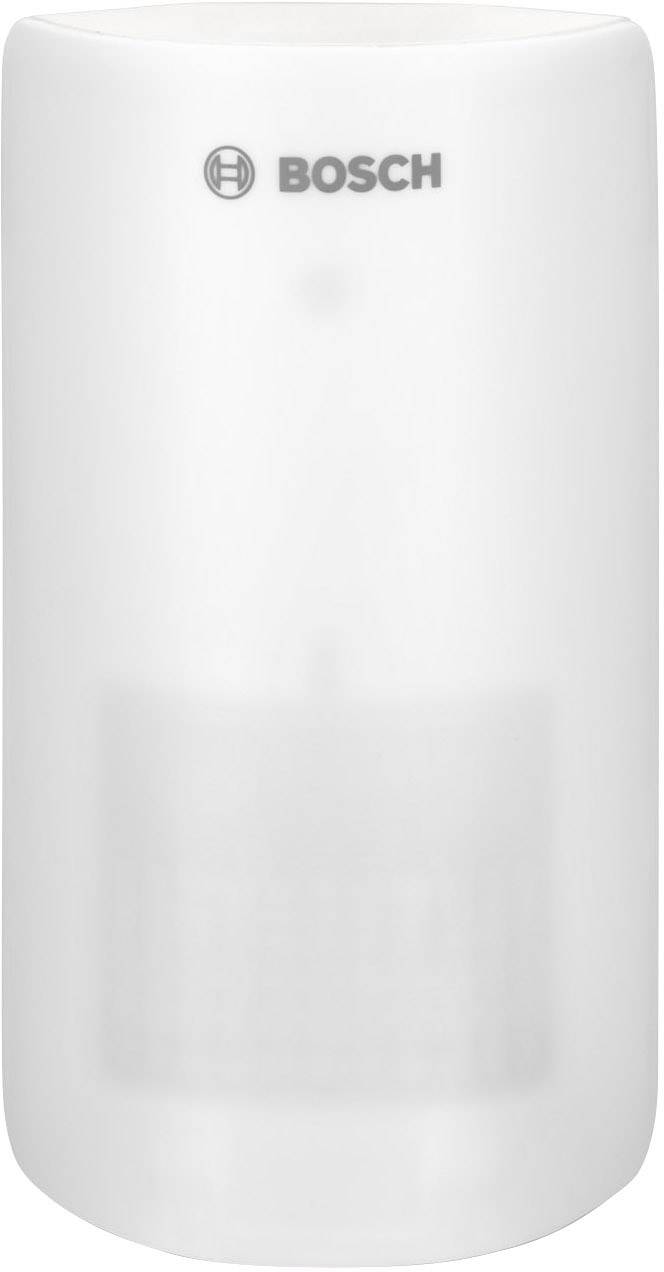 Ein weißes Bosch-Sicherheitsgerät, zylindrisch, möglicherweise ein Sensor oder Detektor, vor neutralem Hintergrund.