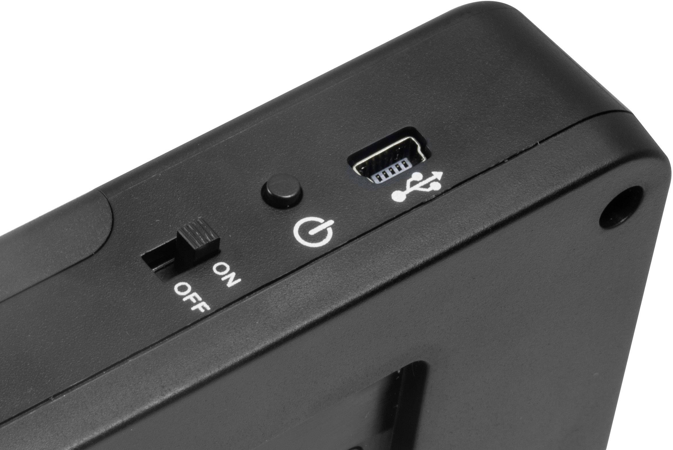 Schwarzes Gerät mit USB-Anschluss, Schalter auf 'Off' und Netzschalter-Symbol.