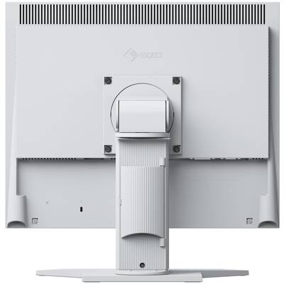 Ein Monitor von hinten betrachtet, zeigt den Standfuß und die Belüftungsschlitze. Die Oberfläche ist glatt und hellgrau.