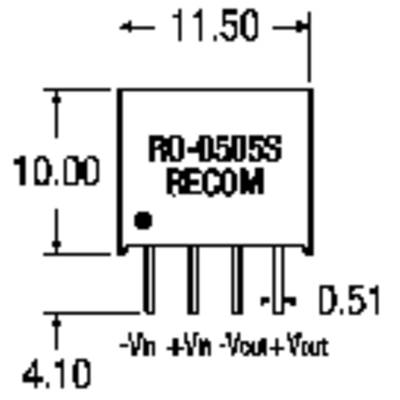 'RO-0505S RECOM' Spannungsregler, Abmessungen: 11,50 mm Breite, 10,00 mm Höhe, 4,10 mm Tiefe. Pinbelegung: -Vin, +Vin, -Vout, +Vout.