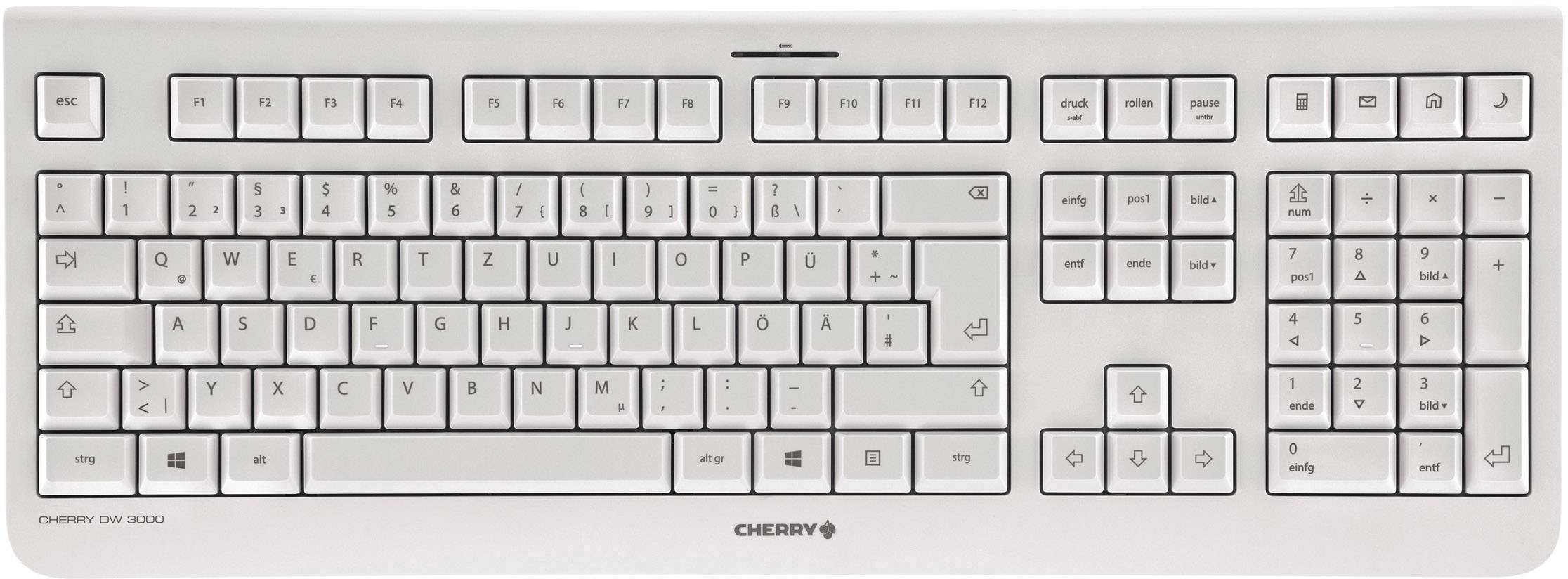 Weiße PC-Tastatur mit schwarzen Buchstaben. Layout in deutscher QWERTZ-Anordnung, Nummernblock rechts. Marke 'Cherry'.