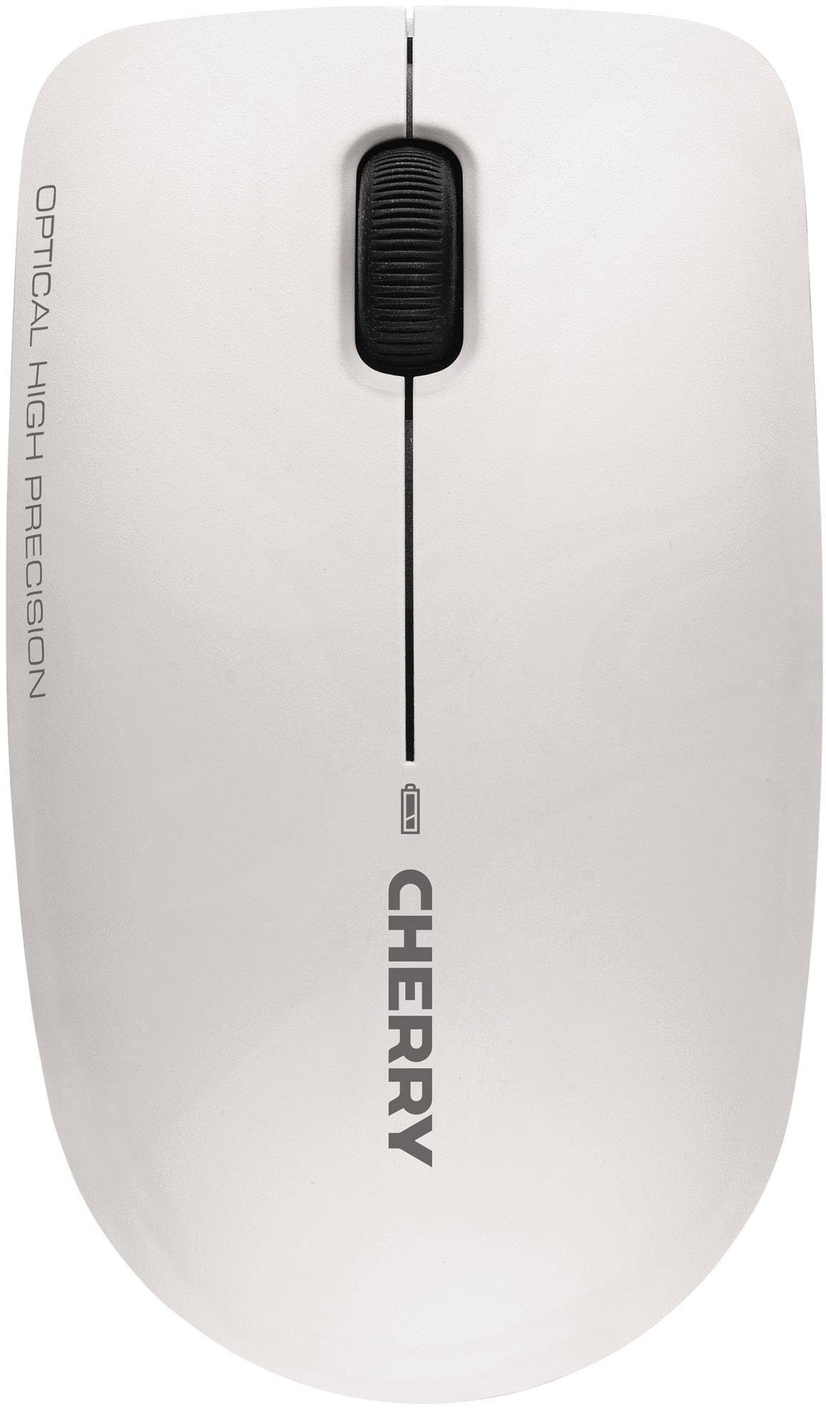 Weiße Computermaus mit mittigem Scrollrad. Aufschrift: 'Optical High Precision' und 'Cherry'. Schlichtes, elegantes Design.