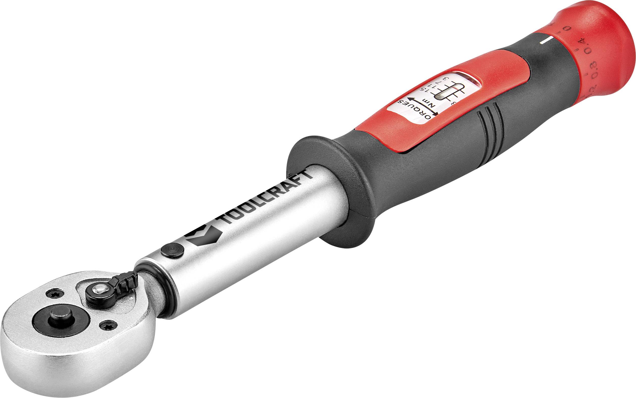 Ein verstellbarer Drehmomentschlüssel mit rotem und schwarzem Griff, geeignet für präzise Drehmomentanwendungen in der Werkstatt.
