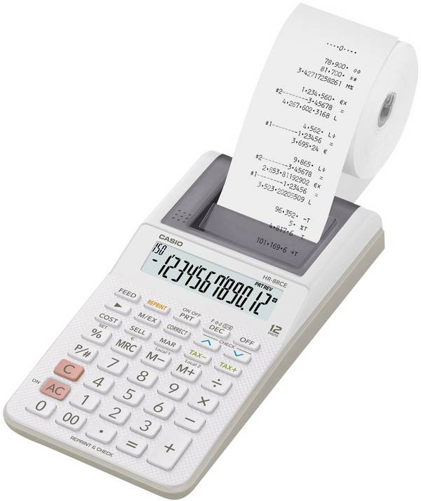 Casio HR-8RCE-WE Druckender Tischrechner Weiß Display (Stellen): 12 batteriebetrieben, netzbetrieben (Optional) (B x H x T) 102 x 42 x 209 mm