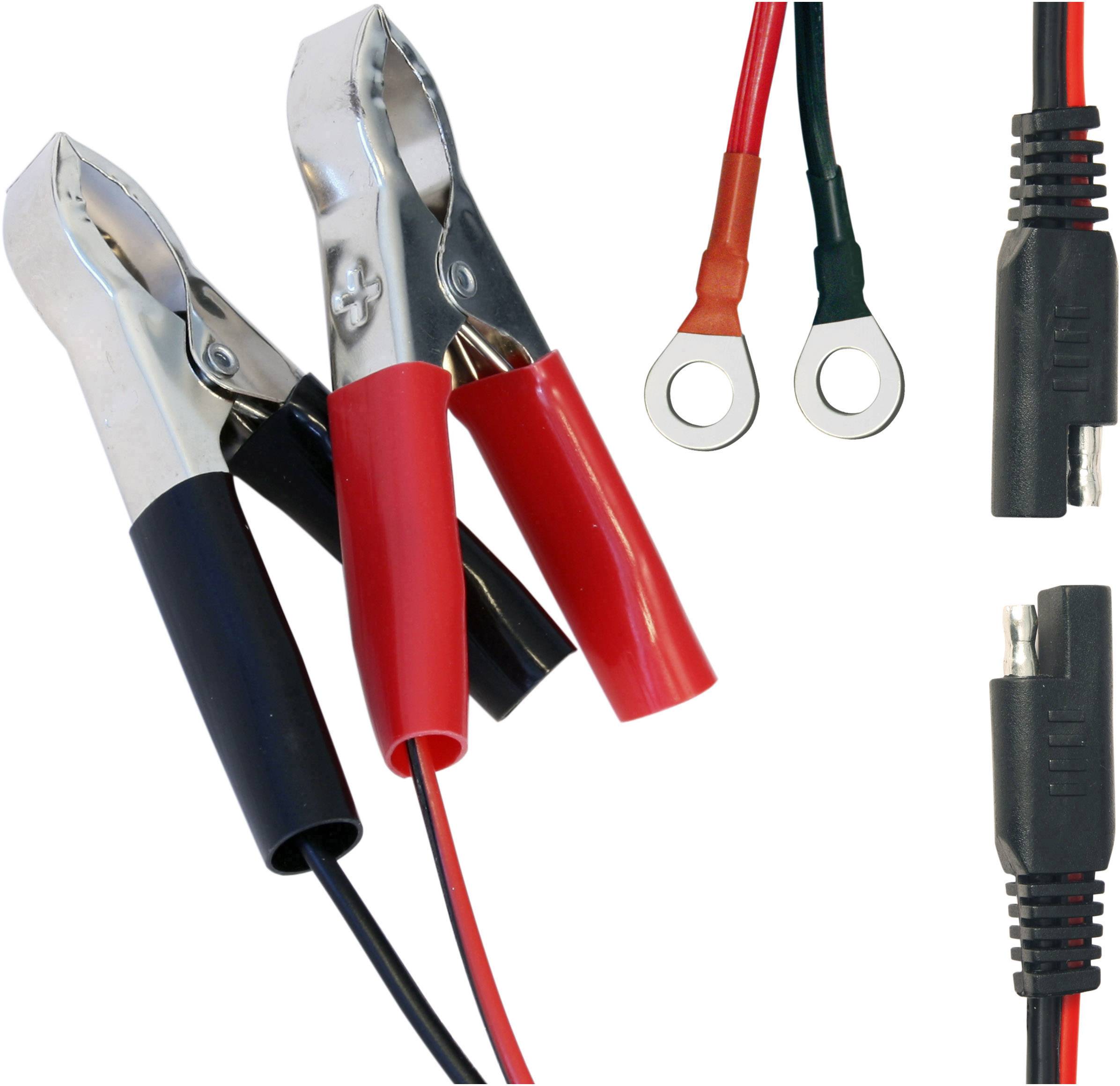 Lade- und Starthilfekabelset mit roten und schwarzen Klemmen, geeignet für Kfz-Batterien, zeigt Anschluss- und Ladeklemmen.