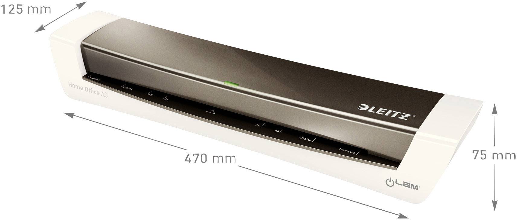 Ein weißer Laminator 'Leitz', gemessen mit 125 mm Höhe, 470 mm Breite und 75 mm Tiefe, zeigt Pfeile zur Illustration der Maße.