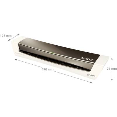 Ein weißer Laminator 'Leitz', gemessen mit 125 mm Höhe, 470 mm Breite und 75 mm Tiefe, zeigt Pfeile zur Illustration der Maße.