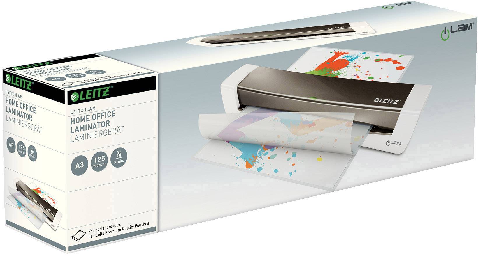 'Leitz Home Office Laminator' Verpackung mit abgebildetem Laminiergerät und laminiertem Blatt mit buntem Spritzmuster.