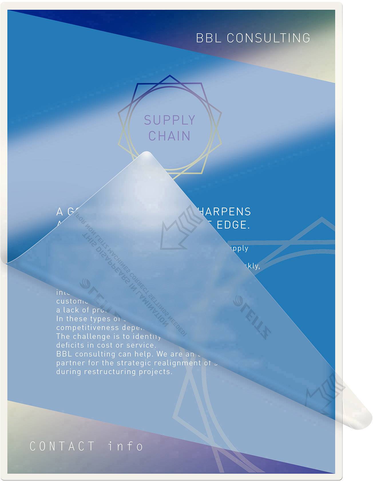 Blauer Flyer mit 'Supply Chain' in der Mitte, umgeben von geometrischen Mustern. Text über Herausforderungen in Lieferketten und Kontaktinfos.