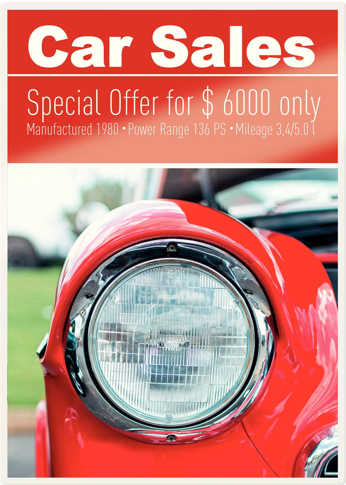 Rotes Auto mit Scheinwerfer, 'Car Sales' und 'Special Offer for $ 6000 only', Baujahr 1980, Leistung 136 PS, Verbrauch 3,4/5,0 l.