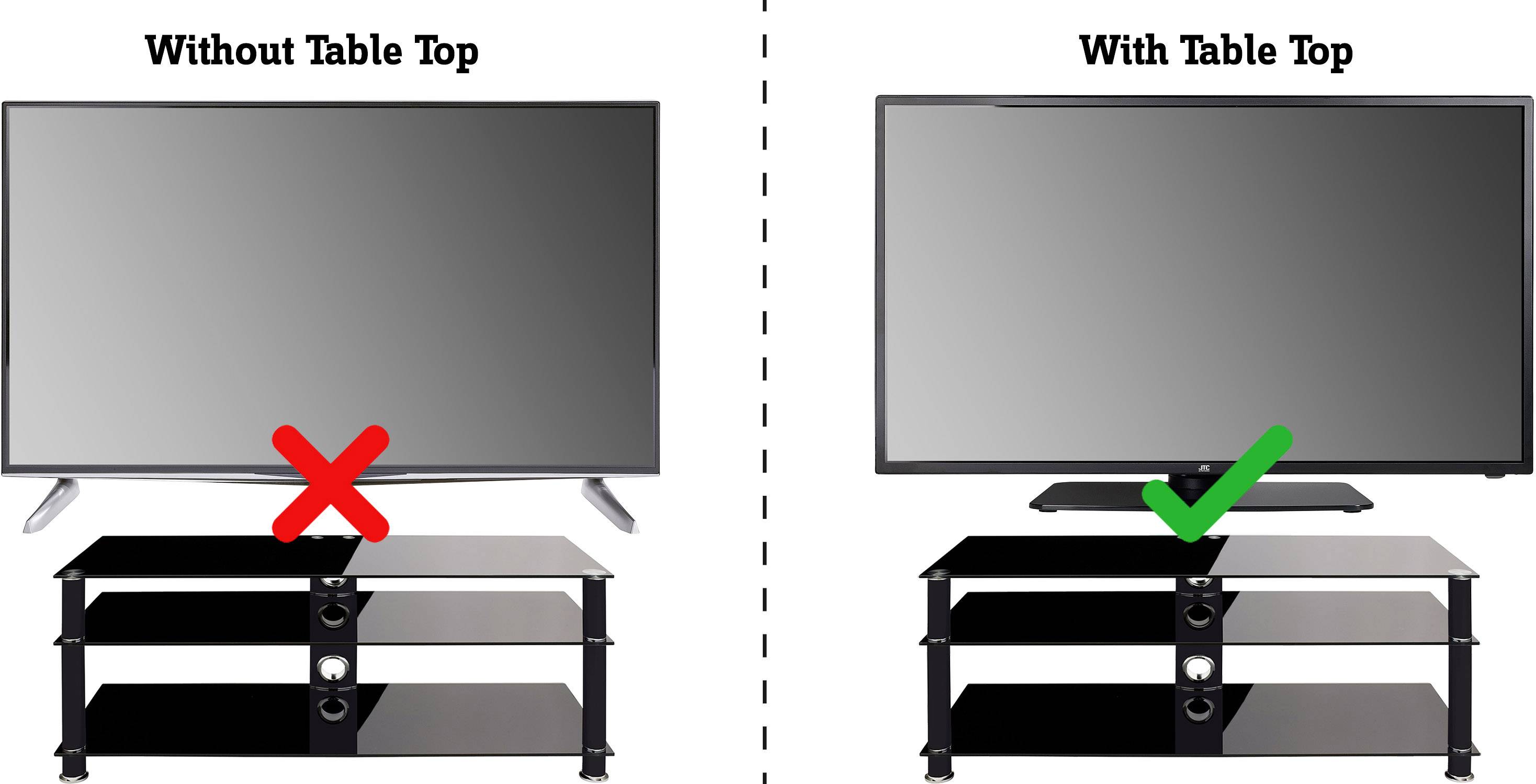 Das Bild zeigt zwei Fernseher auf Regalen. Links: Fernseher ohne Tischplatte mit rotem 'X'. Rechts: Fernseher mit Tischplatte und grünem Häkchen.