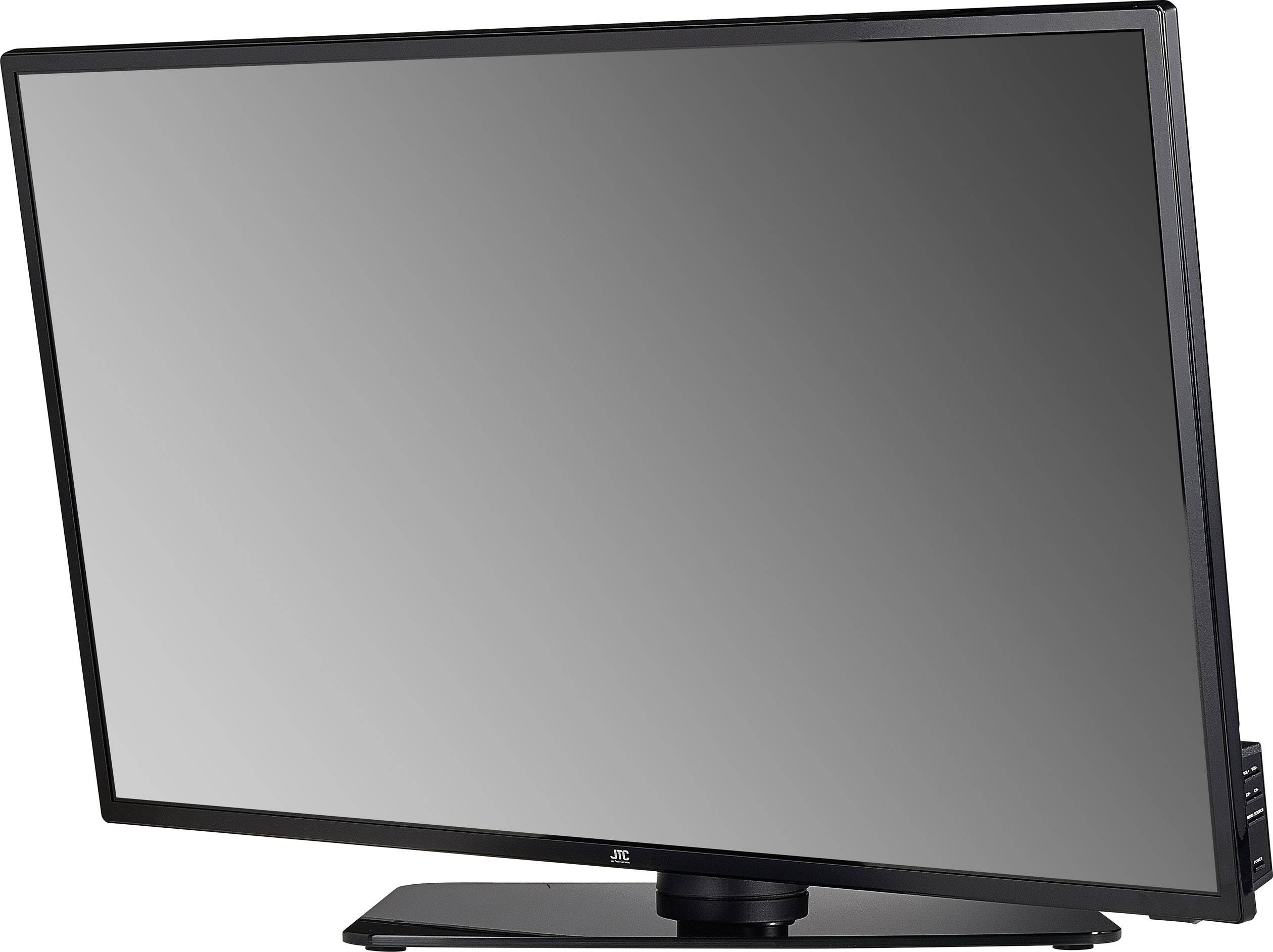 Ein schwarzer Flachbildfernseher auf einem Standfuß, leicht zur Seite gedreht. Der Bildschirm ist ausgeschaltet.