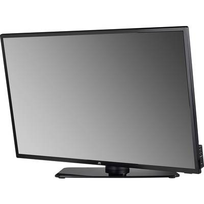 Ein schwarzer Flachbildfernseher auf einem Standfuß, leicht zur Seite gedreht. Der Bildschirm ist ausgeschaltet.