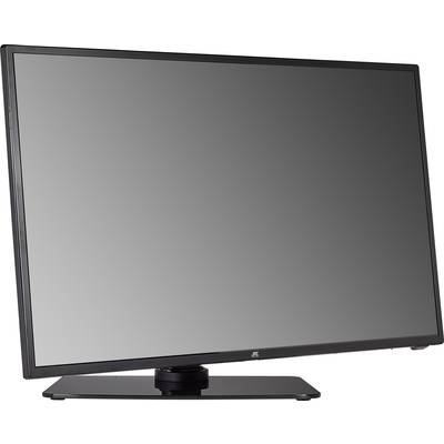 Flachbildfernseher mit schwarzem Rahmen und Bildschirm, leicht nach links geneigt, auf rechteckigem Standfuß.