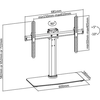 'TV-Ständer-Maße: Höhe 582-722mm, Breite 681mm, Tiefe 280mm. Neigung: -10° bis +5°. Bildschirmhöhe 150-405mm, Breite 150-610mm.'