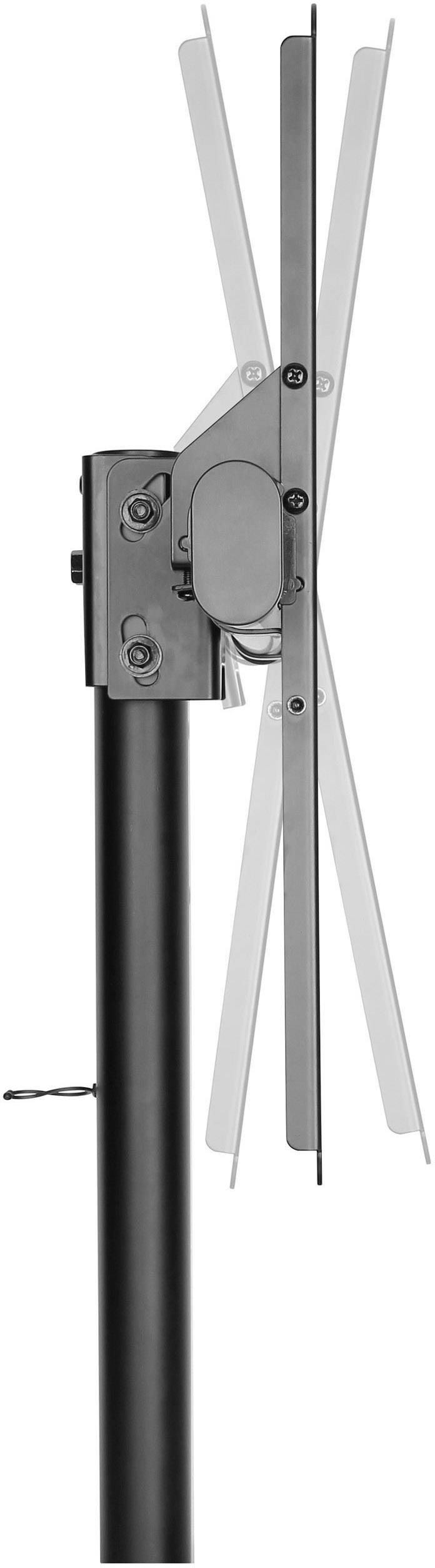 Eine vertikale Stabantenne mit Rotor, montiert auf einem schwarzen Rohr. Die Antennenarme sind länglich und symmetrisch angeordnet.