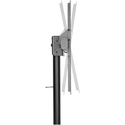 Eine vertikale Stabantenne mit Rotor, montiert auf einem schwarzen Rohr. Die Antennenarme sind länglich und symmetrisch angeordnet.