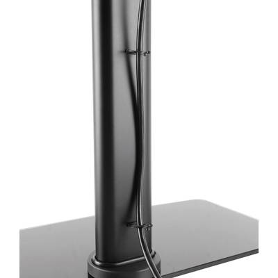 Ein schwarzer Ständer mit einem Kabel, das ordentlich an der Rückseite entlanggeführt wird. Rechteckige Basis aus Glas.